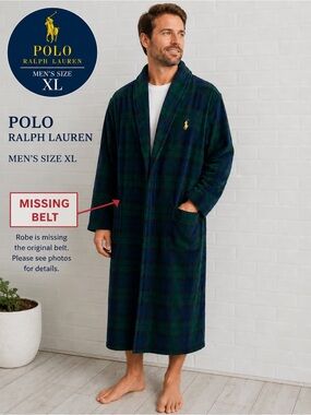 Polo Ralph Lauren Men’s XL Plaid Fleece Robe Blue Green Shawl collar *no Belt*